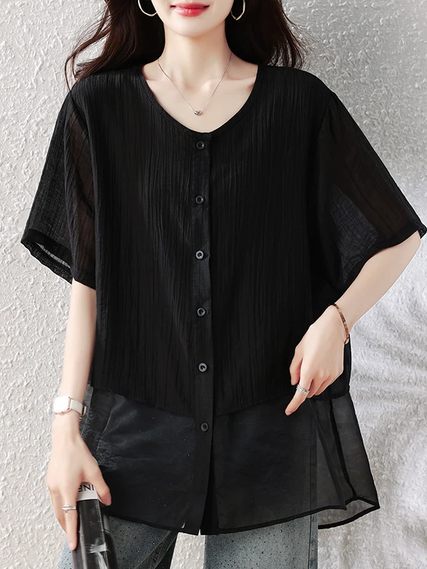 plus Size Mesh Paneling Single Button Short Sleeve Shirt Women's Fashion Slimming Thin Top Commute Style Vintage round Neck
plus Size Mesh Paneling Single Button Short Sleeve Shirt Women's Fashion Slimming Thin Top Commute Style Vintage round Neck