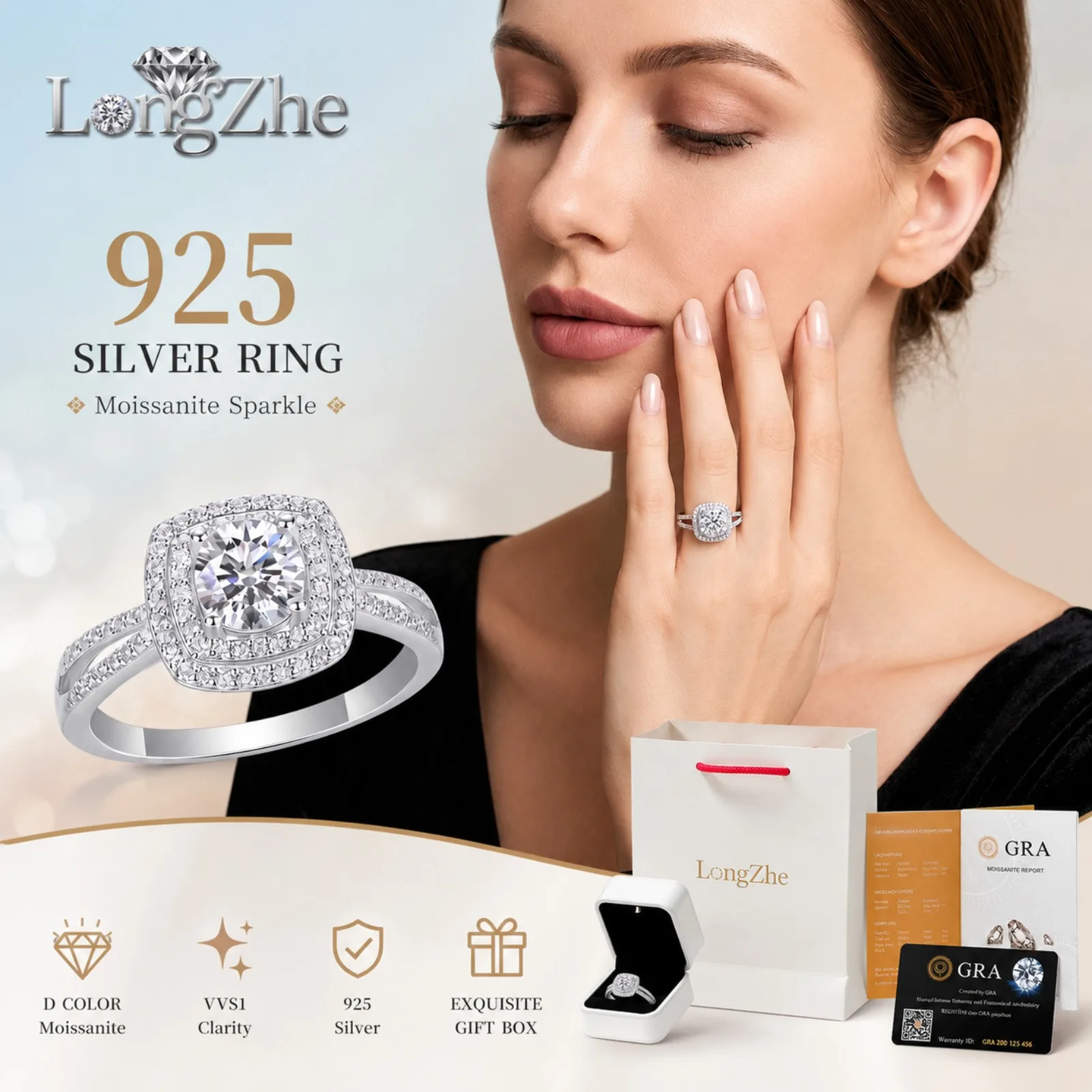 Lab-Grown Moissanite Engagement Ring, D Color VVS1 GRA, 1CT Halo Square Setting, S925 Silver Wedding Ring
Lab-Grown Moissanite Engagement Ring, D Color VVS1 GRA, 1CT Halo Square Setting, S925 Silver Wedding Ring