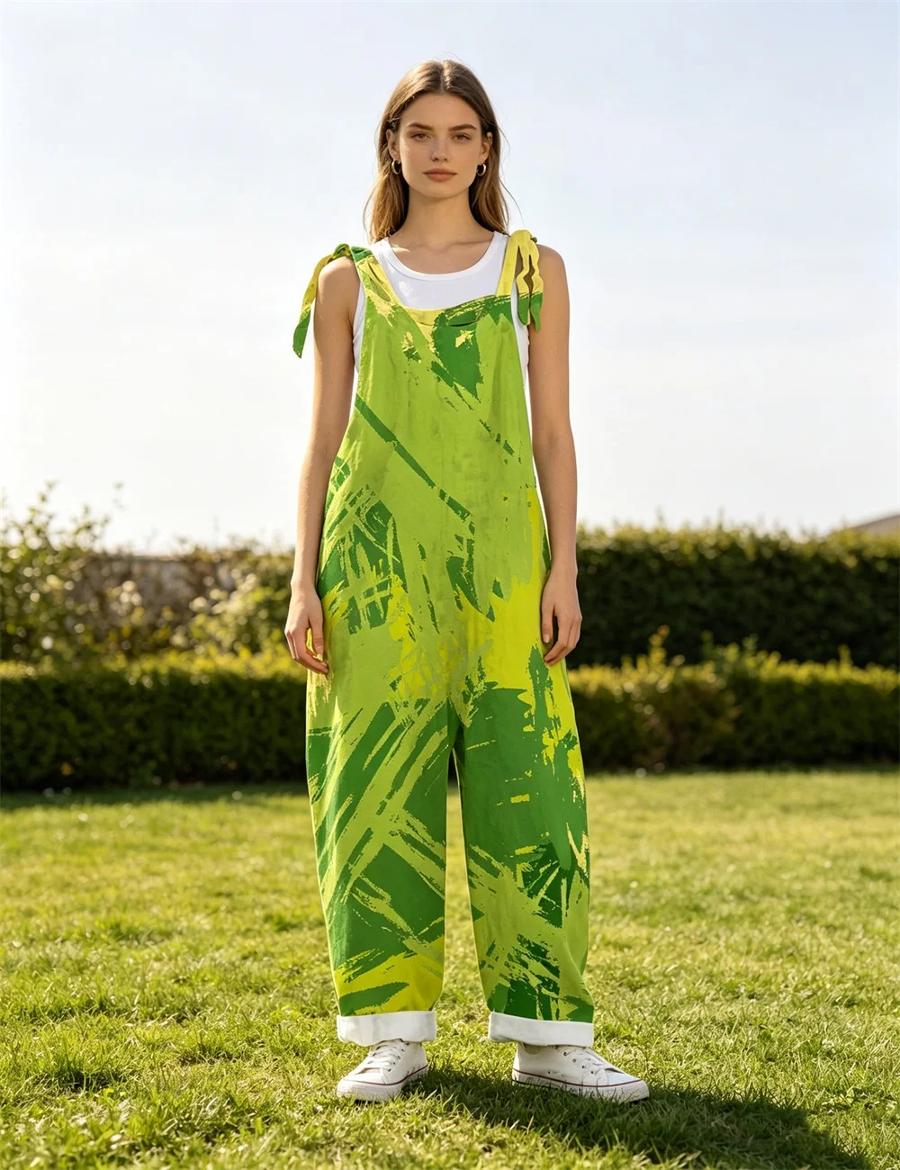 Women's new green rough graffiti printed comfortable jumpsuit with different levels, off shoulder sleeveless loose jumpsuit
Women's new green rough graffiti printed comfortable jumpsuit with different levels, off shoulder sleeveless loose jumpsuit