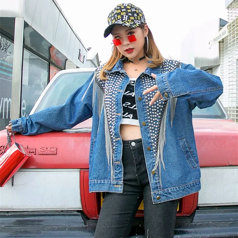 Fashion Rivet Diamonds Chain Tassel Jeans Jacket Spring Women Casual Streetwear Lapel Long Sleeve Denim Jacket Chaqueta Mujer
Fashion Rivet Diamonds Chain Tassel Jeans Jacket Spring Women Casual Streetwear Lapel Long Sleeve Denim Jacket Chaqueta Mujer