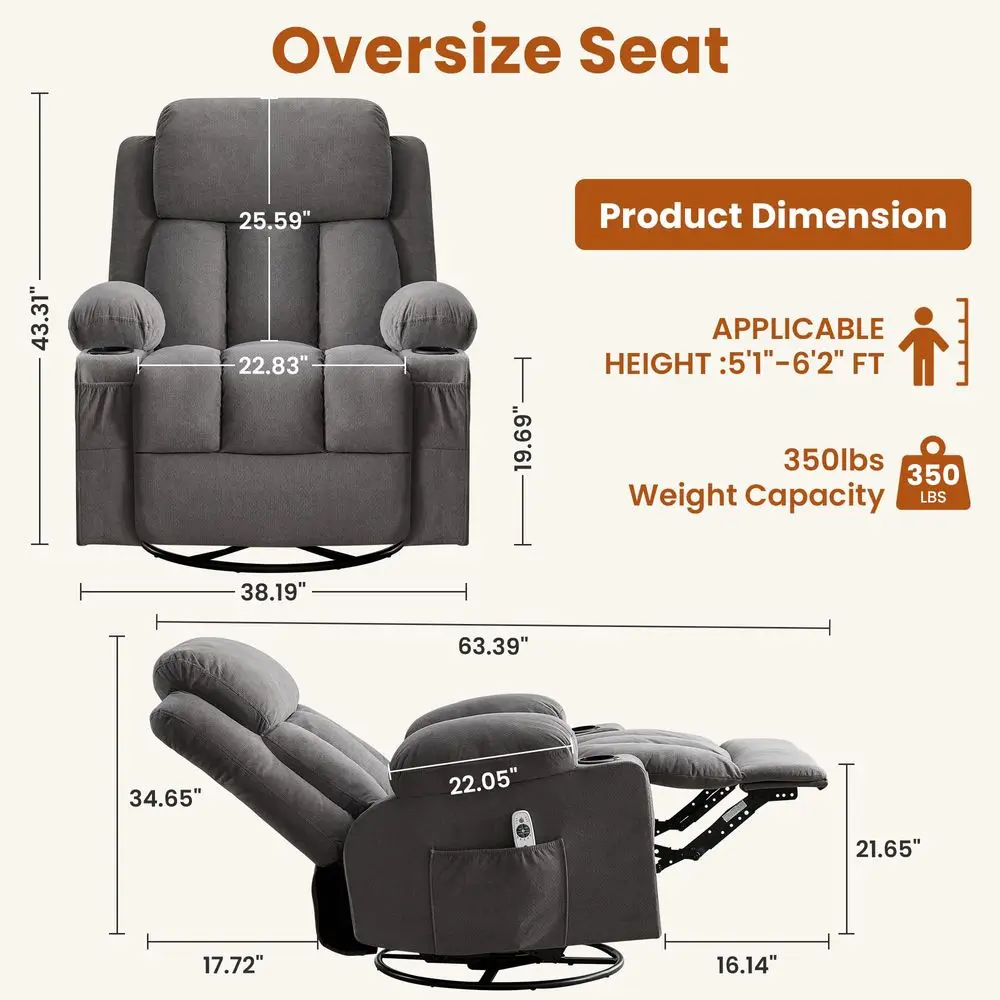 Swivel Rocker Recliner Chair with Vibration Massage and Heat for Living Room,with Rocking Function and Side Pocket, USB Charge
Swivel Rocker Recliner Chair with Vibration Massage and Heat for Living Room,with Rocking Function and Side Pocket, USB Charge