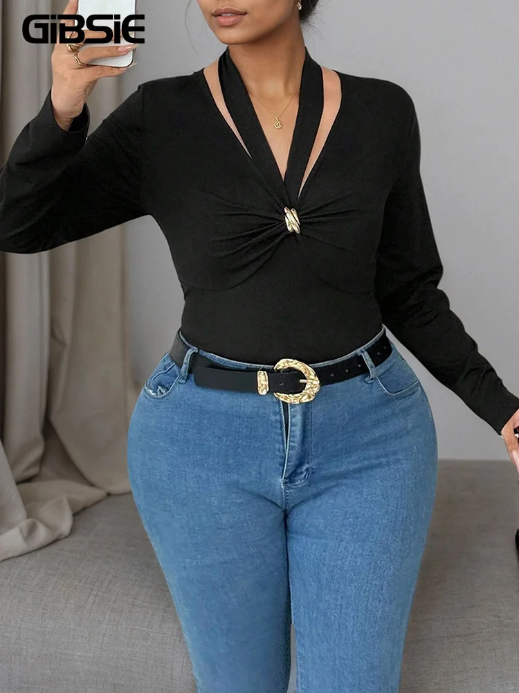 GIBSIE плюс размер, черный топ с глубоким v-образным вырезом и длинными рукавами для женщин, весна-осень, новая модная облегающая эластичная трикотажная женская футболка
GIBSIE плюс размер, черный топ с глубоким v-образным вырезом и длинными рукавами для женщин, весна-осень, новая модная облегающая эластичная трикотажная женская футболка