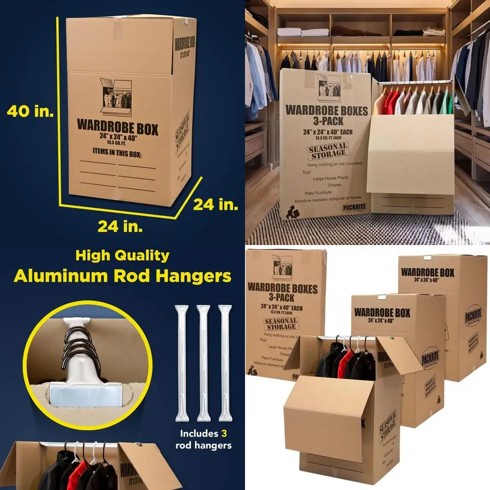 Set of 3 Large Wardrobe Moving Boxes for Hanging Clothes, 24x24x40
Set of 3 Large Wardrobe Moving Boxes for Hanging Clothes, 24x24x40