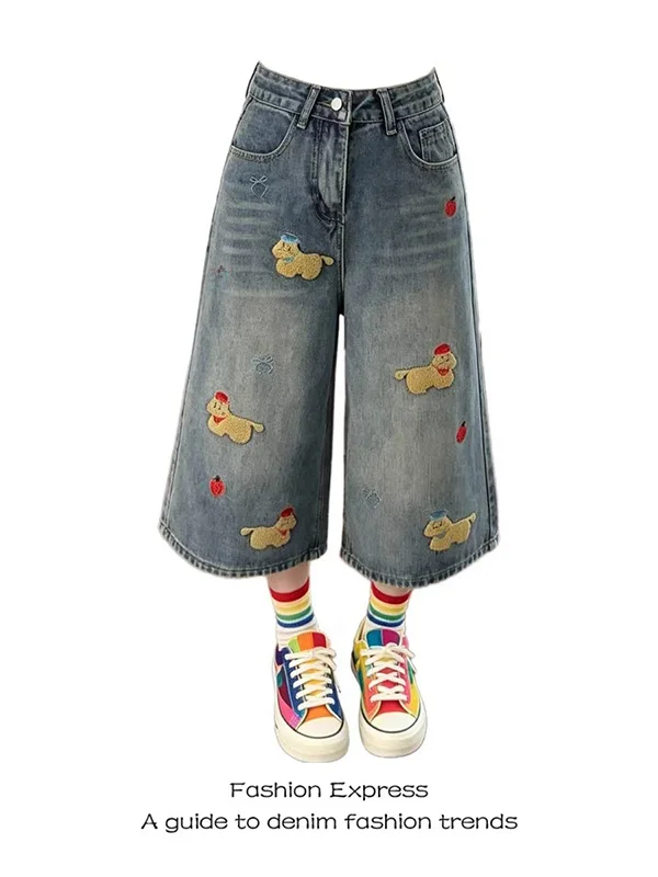 Cartoon Embroidery High Waist Wide Leg Jeans Women's Summer Vintage American Style Blue Denim Shorts Cute Little Dog Design
Cartoon Embroidery High Waist Wide Leg Jeans Women's Summer Vintage American Style Blue Denim Shorts Cute Little Dog Design