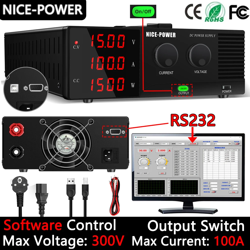 Nice-Power 3000W Adjustable Lab Power Supply 300V 200V 100A 60A 50A Bench Power Supply With Output Switch RS232 Software Control
Nice-Power 3000W Adjustable Lab Power Supply 300V 200V 100A 60A 50A Bench Power Supply With Output Switch RS232 Software Control
