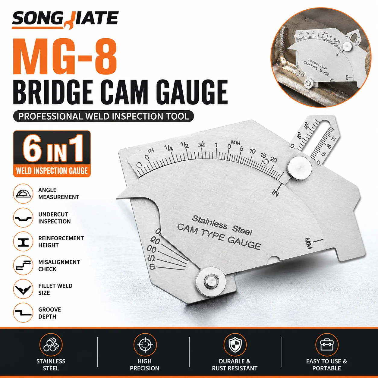 SONGJIATE MG-8 Bridge Cam Gauge Stainless Steel Weld Inspection Gauge Welding Seam Undercut Depth Angle Measurement Ruler Metric
SONGJIATE MG-8 Bridge Cam Gauge Stainless Steel Weld Inspection Gauge Welding Seam Undercut Depth Angle Measurement Ruler Metric