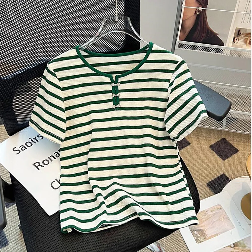 White Green Striped Summer Short Sleeve T-shirt Female 2025 Slim Knitted Pullovers Casual Womens Tops
White Green Striped Summer Short Sleeve T-shirt Female 2025 Slim Knitted Pullovers Casual Womens Tops