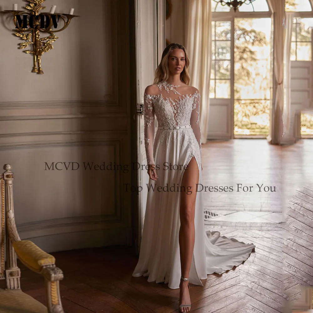 MCDV Chiffon Wedding Dresses A-line Full Sleeve Split O-Neck Customized Civil Boho Bridal Gown vestidos de novia Illusion Back
MCDV Chiffon Wedding Dresses A-line Full Sleeve Split O-Neck Customized Civil Boho Bridal Gown vestidos de novia Illusion Back