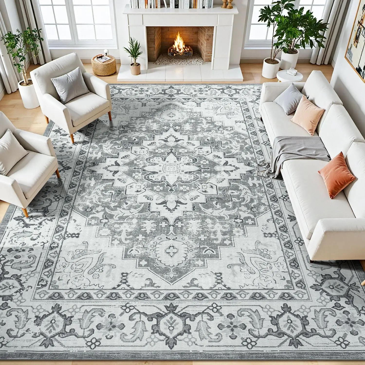 Machine Washable 8x10 Area Rug, Boho Floral Medallion Design, Non-Slip Rubber Backing, Kid & Pet Friendly in Grey White
Machine Washable 8x10 Area Rug, Boho Floral Medallion Design, Non-Slip Rubber Backing, Kid & Pet Friendly in Grey White