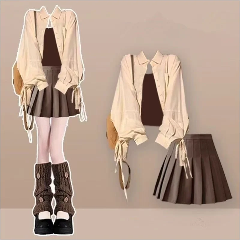 2025 Spring Summer Women Bandage Loose Shirt Sling Mini Pleated Skirts Three Piece Suit Lady Preppy Style Blouse Vest Skirt Sets
2025 Spring Summer Women Bandage Loose Shirt Sling Mini Pleated Skirts Three Piece Suit Lady Preppy Style Blouse Vest Skirt Sets