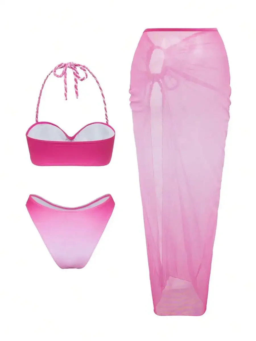 Women Pink Solid Color High Cut Bikini Set With Sheer Cover Up Skirt
Women Pink Solid Color High Cut Bikini Set With Sheer Cover Up Skirt