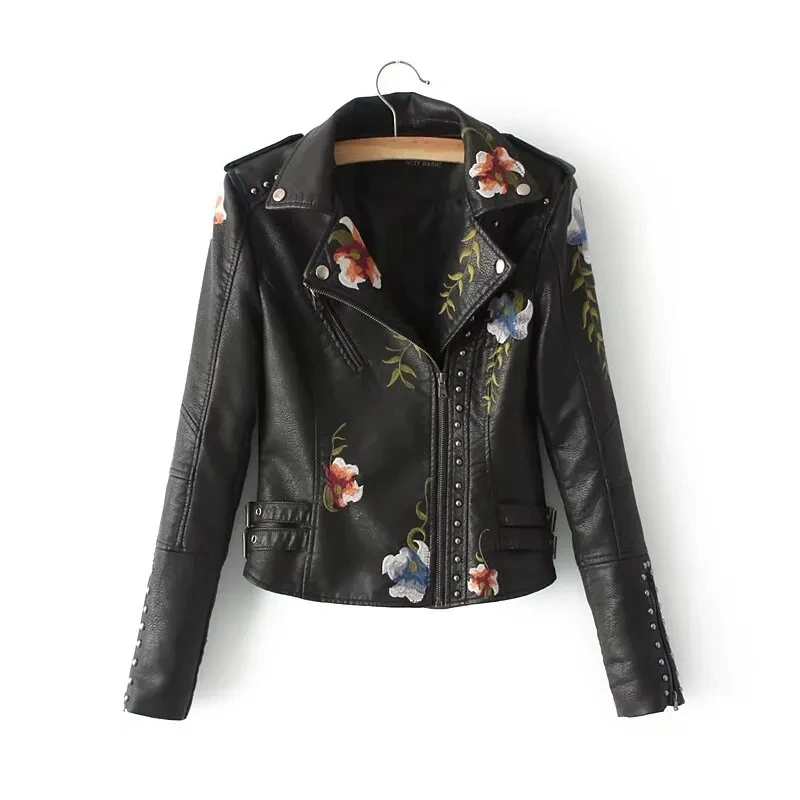 Black PU leather Jacket For women 2026 Spring Autumn New flower Embroidery rivet Zipper Coat Women's Short Motorcycle Jackets
Black PU leather Jacket For women 2026 Spring Autumn New flower Embroidery rivet Zipper Coat Women's Short Motorcycle Jackets
