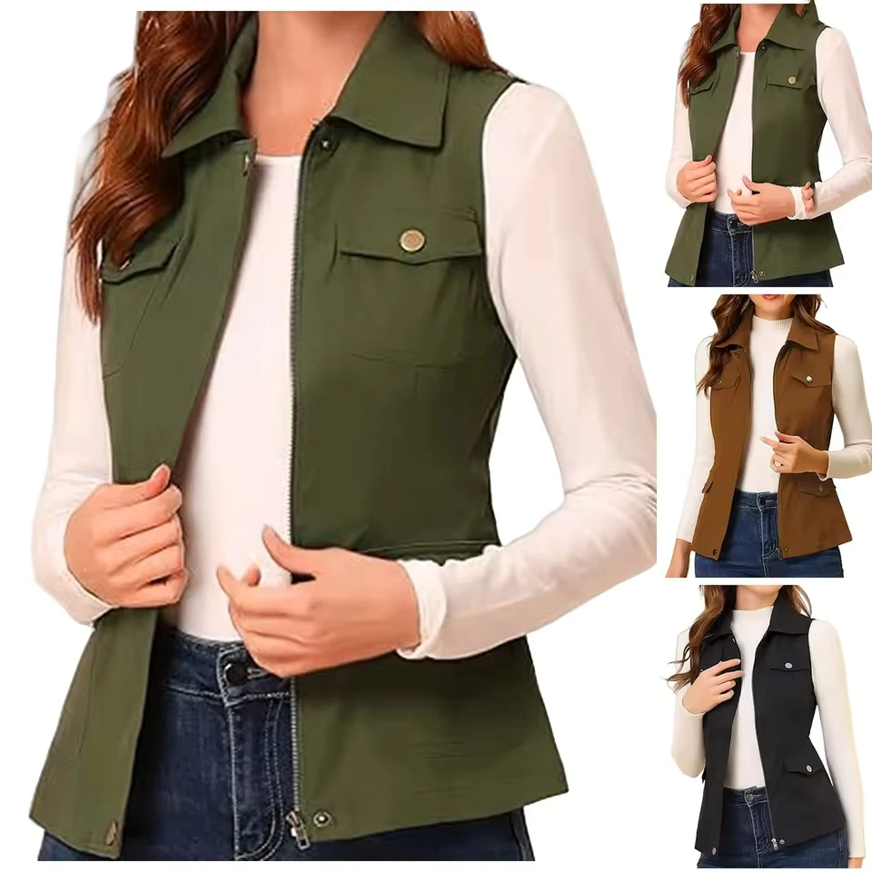 Womens Zip Up Sleeveless Vest Outwear Slimming Waist Lapel Chest Pocketed Shirts s Cargo Vest Women'S Coat
Womens Zip Up Sleeveless Vest Outwear Slimming Waist Lapel Chest Pocketed Shirts s Cargo Vest Women'S Coat