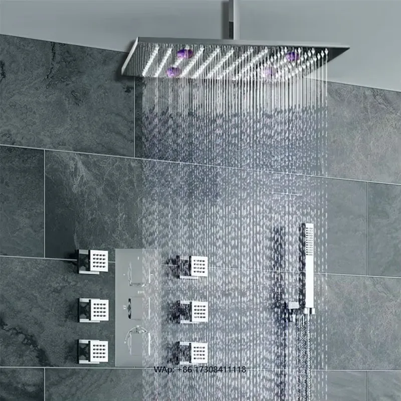 Квадратный термостатический душ с светодиодом и струей корпуса, ручной душ
Квадратный термостатический душ с светодиодом и струей корпуса, ручной душ