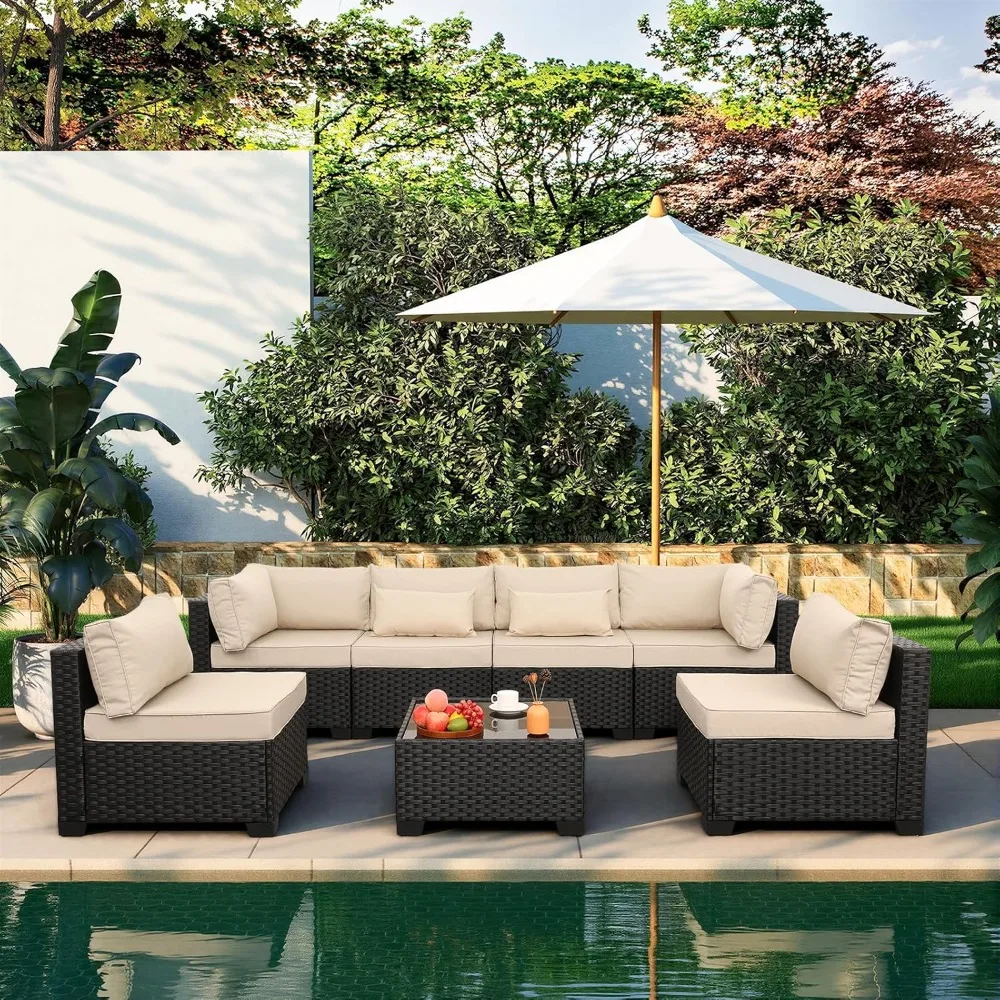 7 Pieces Outdoor Wicker Furniture Conversation Set Patio Sectional Sofa Set Glass Table with Non-Slip Cushions Furniture Cover
7 Pieces Outdoor Wicker Furniture Conversation Set Patio Sectional Sofa Set Glass Table with Non-Slip Cushions Furniture Cover