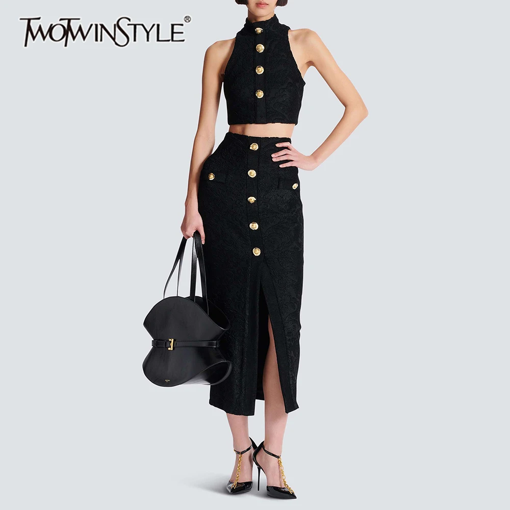 TWOTWINSTYLE Chic Black Two Piece Set for Women High Neck Vest with Embossed Fabric Slit Midi Skirt Outfit for Office Commute
TWOTWINSTYLE Chic Black Two Piece Set for Women High Neck Vest with Embossed Fabric Slit Midi Skirt Outfit for Office Commute
