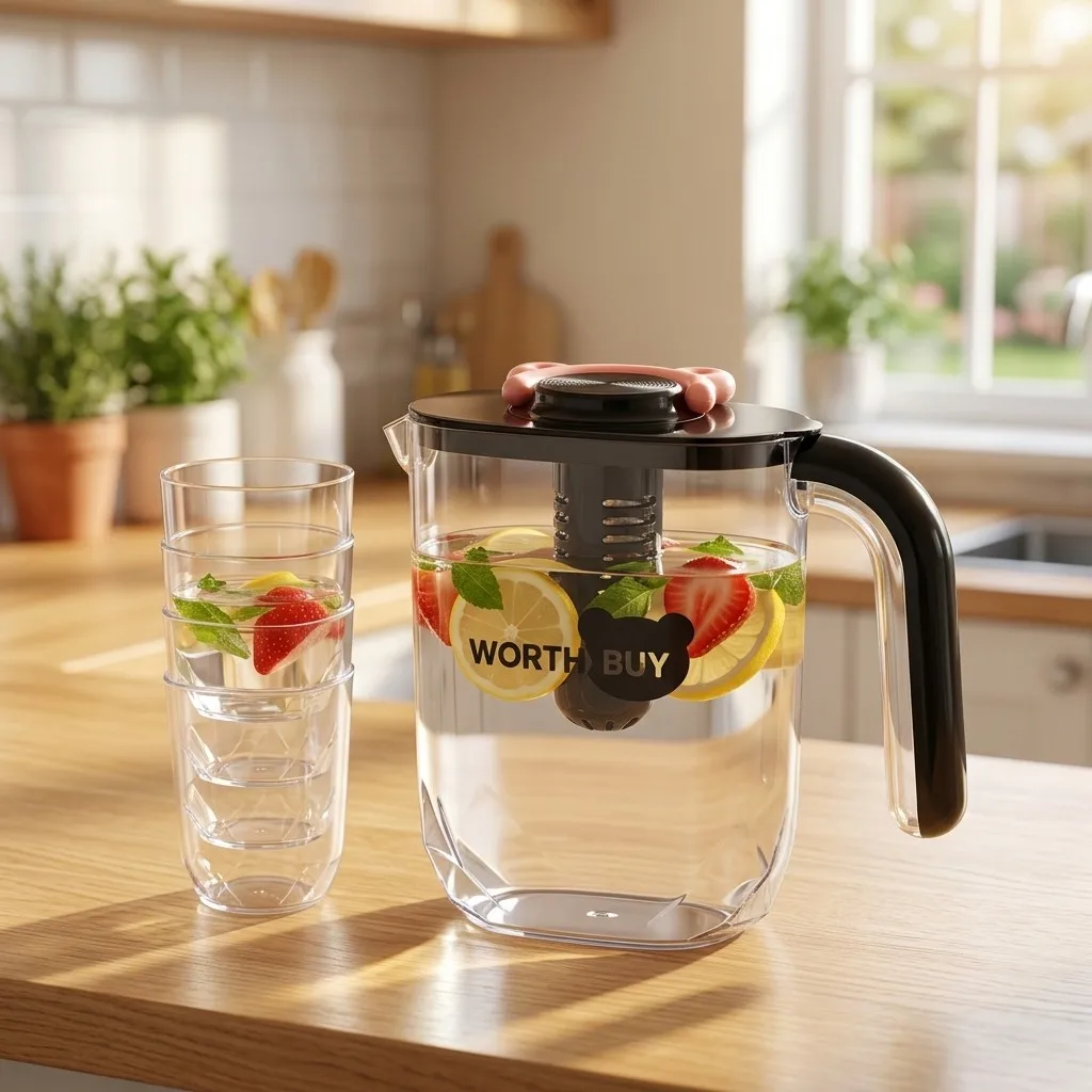 2200ML Clear Plastic Water Pitcher with Infuser Large Capacity Fridge Jug Cold Beverage Drinkware Juice Container and 4 Cups
2200ML Clear Plastic Water Pitcher with Infuser Large Capacity Fridge Jug Cold Beverage Drinkware Juice Container and 4 Cups