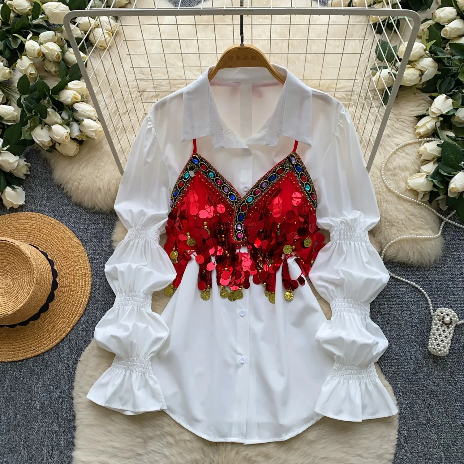 Lantern Sleeve Sequined Two-piece Women's Autumn Heavy-duty Beaded Shirt Set
Lantern Sleeve Sequined Two-piece Women's Autumn Heavy-duty Beaded Shirt Set