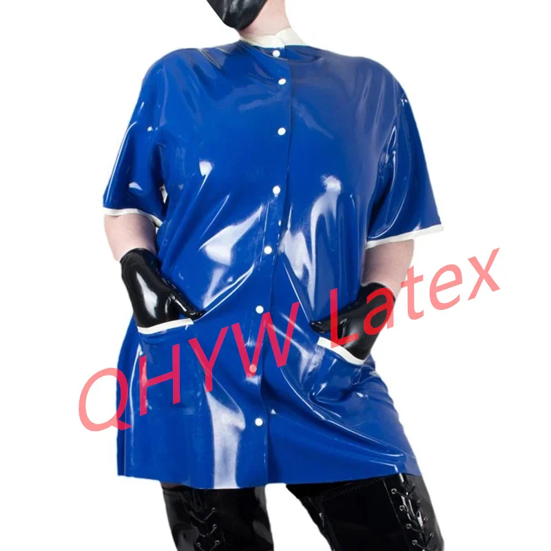 Blue And White Sexy Latex Pajamas With Buttons Round Collar Pockets Half Sleeves Loosely Rubber Uniform Shirts Top
Blue And White Sexy Latex Pajamas With Buttons Round Collar Pockets Half Sleeves Loosely Rubber Uniform Shirts Top