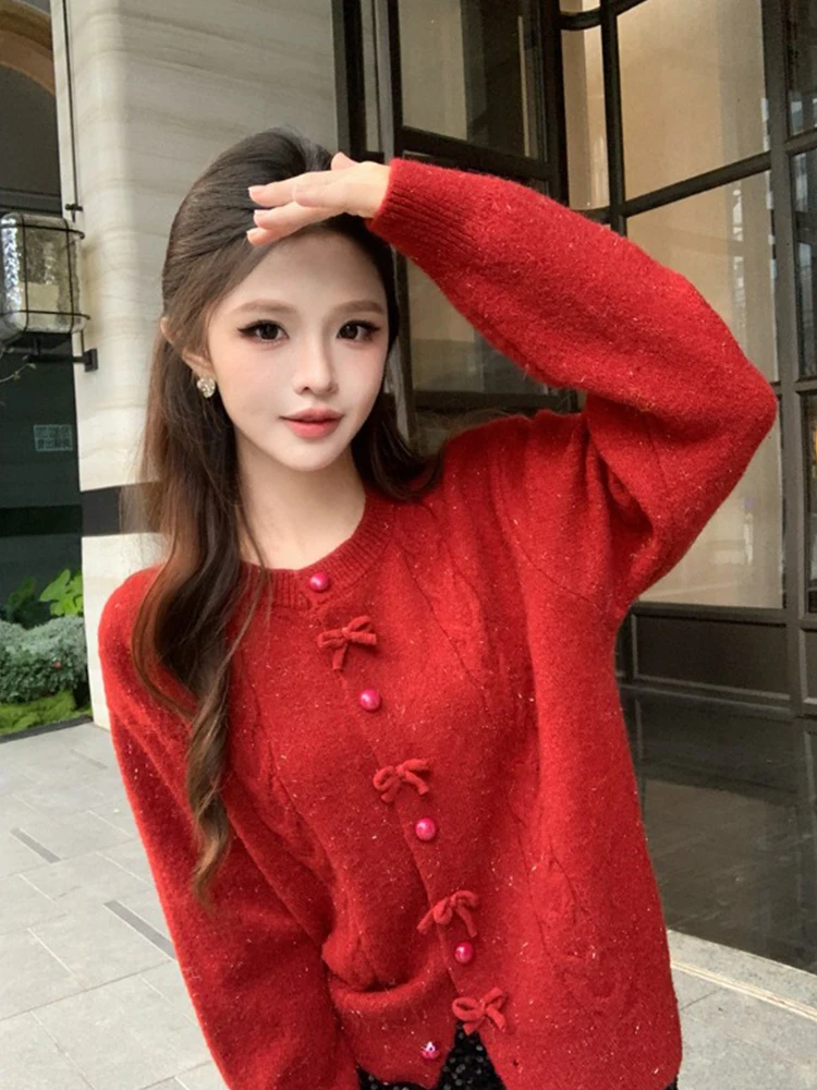 Women's Vintage Christmas Red Shiner Knit Cardigan O-neck Bow Button Sweater Top Winter Chic Trendy Babydoll Warm Layering Shirt
Women's Vintage Christmas Red Shiner Knit Cardigan O-neck Bow Button Sweater Top Winter Chic Trendy Babydoll Warm Layering Shirt