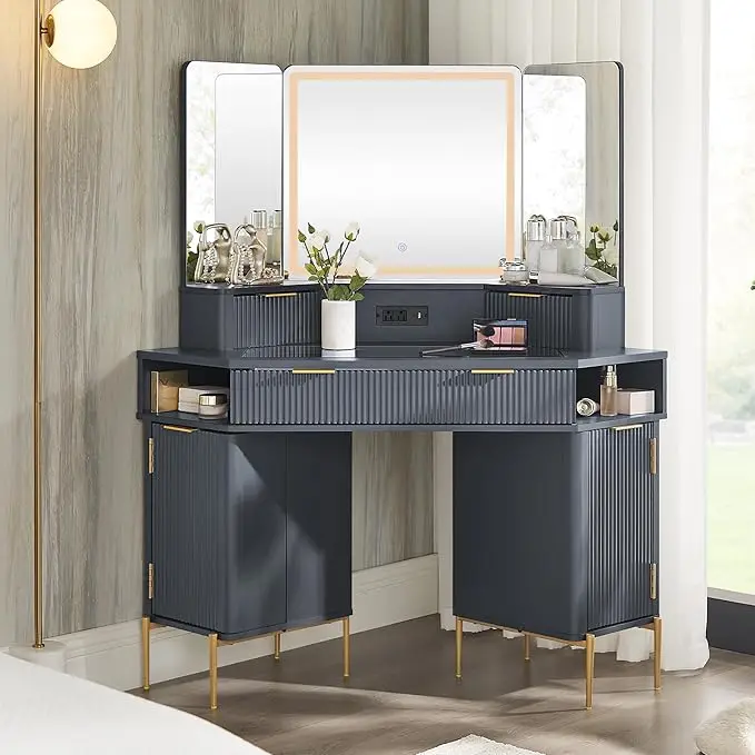 T4TREAM 48'' Fluted Makeup Vanity Desk with HD Triple Mirror and Lights Large Lighted Corner Vanity with Glass Top 3 Drawers
T4TREAM 48'' Fluted Makeup Vanity Desk with HD Triple Mirror and Lights Large Lighted Corner Vanity with Glass Top 3 Drawers