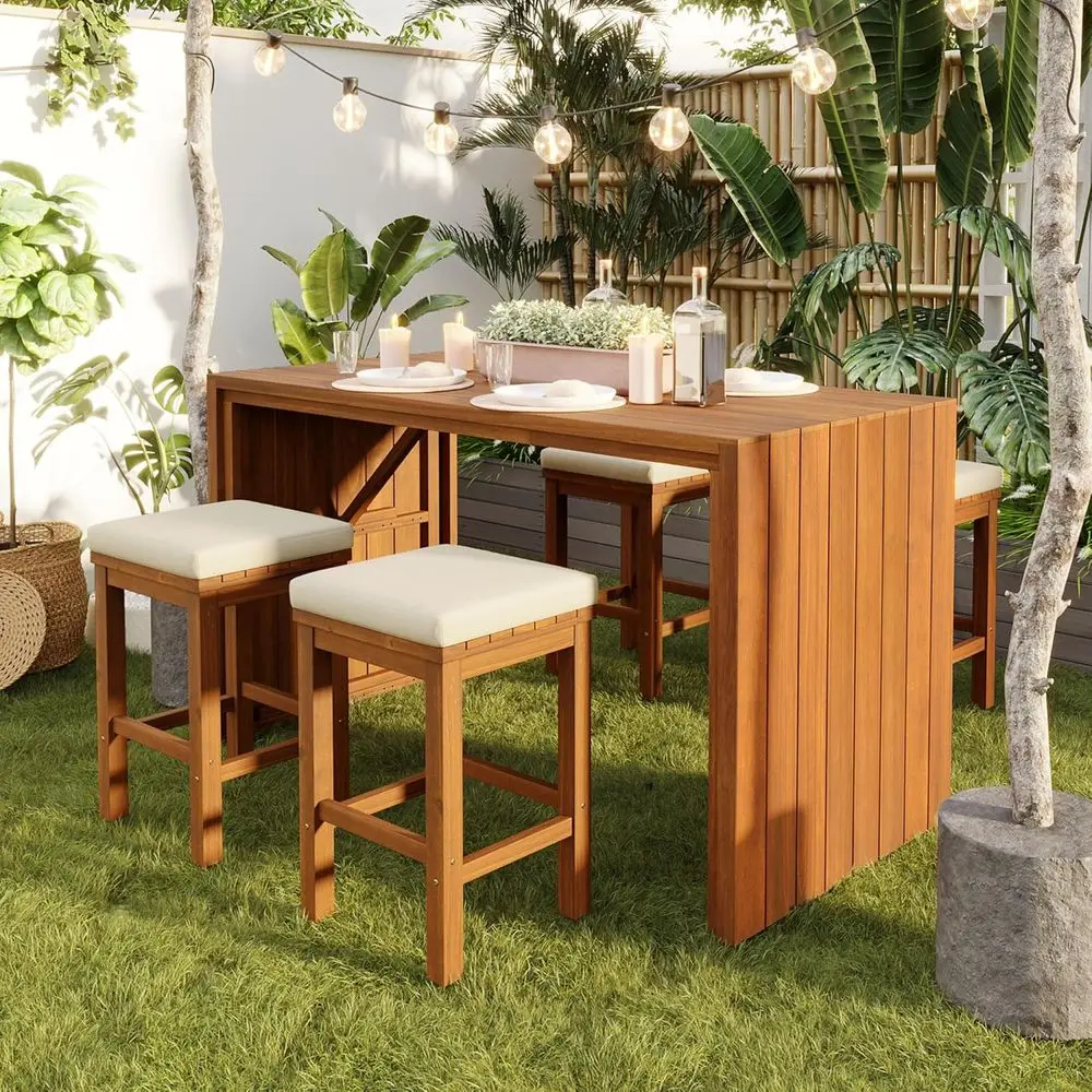 Outdoor Bar Set with Acacia Wood Bar Height Table and 4 Stools, Cushions Included, Perfect for Patio, Poolside, and Backyard Ent
Outdoor Bar Set with Acacia Wood Bar Height Table and 4 Stools, Cushions Included, Perfect for Patio, Poolside, and Backyard Ent
