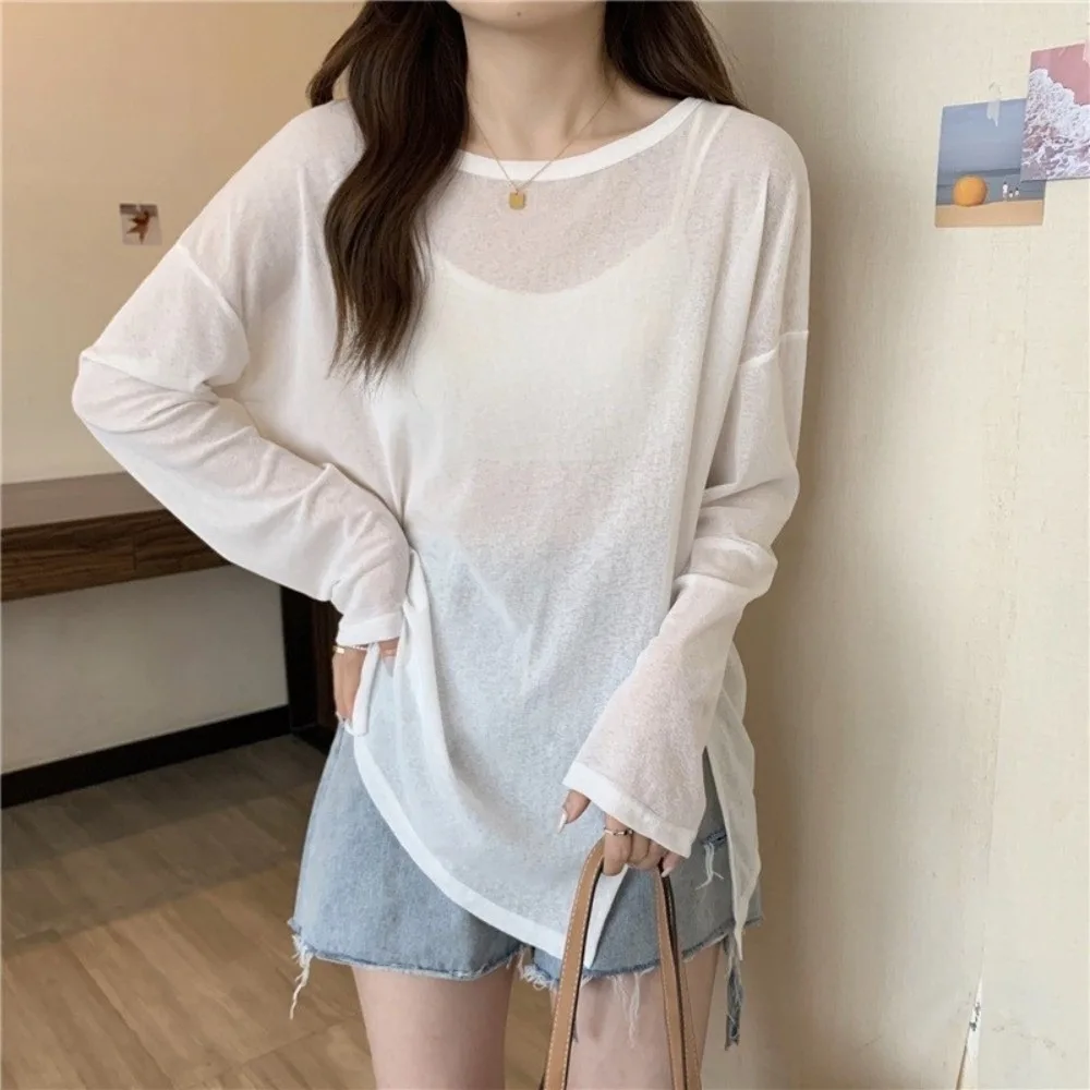 Leisure Thin Sunscreen T-shirt Pure Color Round Neck Long Sleeved Top Oversized Loose Beach Cover Streetwear
Leisure Thin Sunscreen T-shirt Pure Color Round Neck Long Sleeved Top Oversized Loose Beach Cover Streetwear