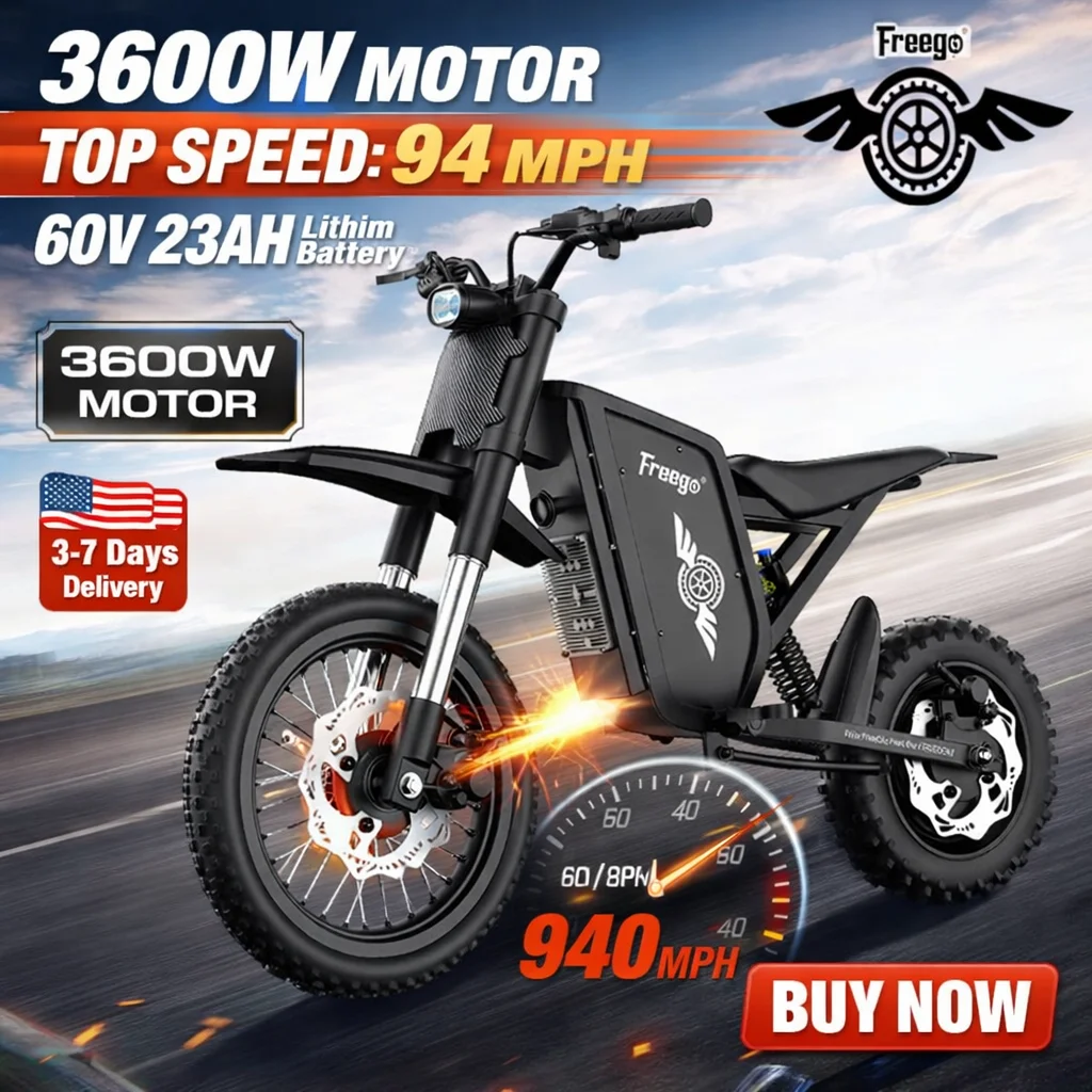 Freego X0 Electric Dirt Bike for Adults/Teens 3600W Motor Electric Motorcycle 60V Battery 40MPH Dual Hydraulic Disc Brakes eBike
Freego X0 Electric Dirt Bike for Adults/Teens 3600W Motor Electric Motorcycle 60V Battery 40MPH Dual Hydraulic Disc Brakes eBike