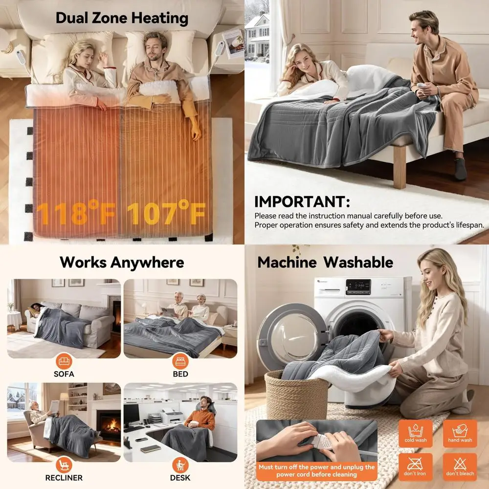 Electric King Size Heated Blanket with Dual Control, 100x90, 8 Heat Levels, Auto Off, ETL Certified, Dual-Sided Flannel & Sherpa
Electric King Size Heated Blanket with Dual Control, 100x90, 8 Heat Levels, Auto Off, ETL Certified, Dual-Sided Flannel & Sherpa