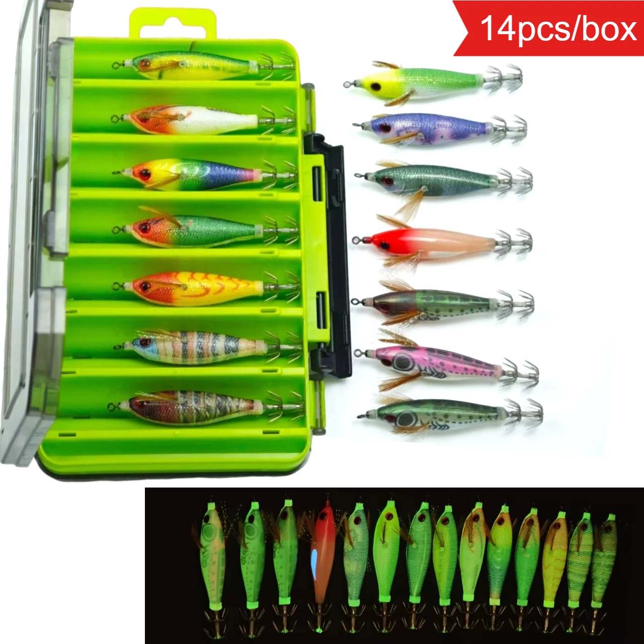 14Pcs/Box Luminous Squid Jigs Lure Set 8cm UV Egi Wood Shrimp Saltwater Fishing Lures Sea Cuttlefish Octopus with Tackle Box
14Pcs/Box Luminous Squid Jigs Lure Set 8cm UV Egi Wood Shrimp Saltwater Fishing Lures Sea Cuttlefish Octopus with Tackle Box