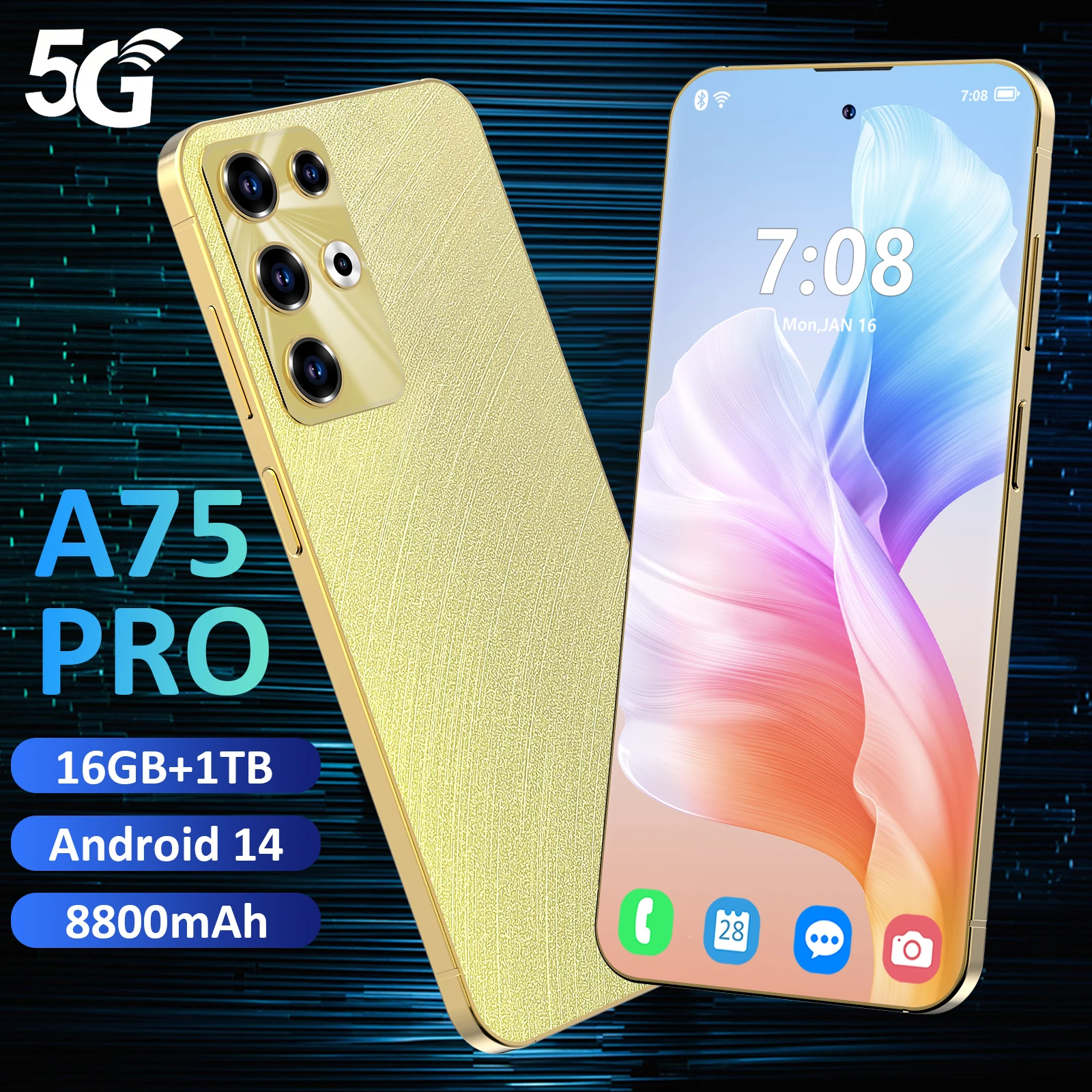 2025 Smartphone A75 Pro 7.3inch HD Screen 16GB+1024GB 5G Dual Sim Mobilephone Qualcomm8 Gen 2 Android Unlocked 8800mAh celuar
2025 Smartphone A75 Pro 7.3inch HD Screen 16GB+1024GB 5G Dual Sim Mobilephone Qualcomm8 Gen 2 Android Unlocked 8800mAh celuar