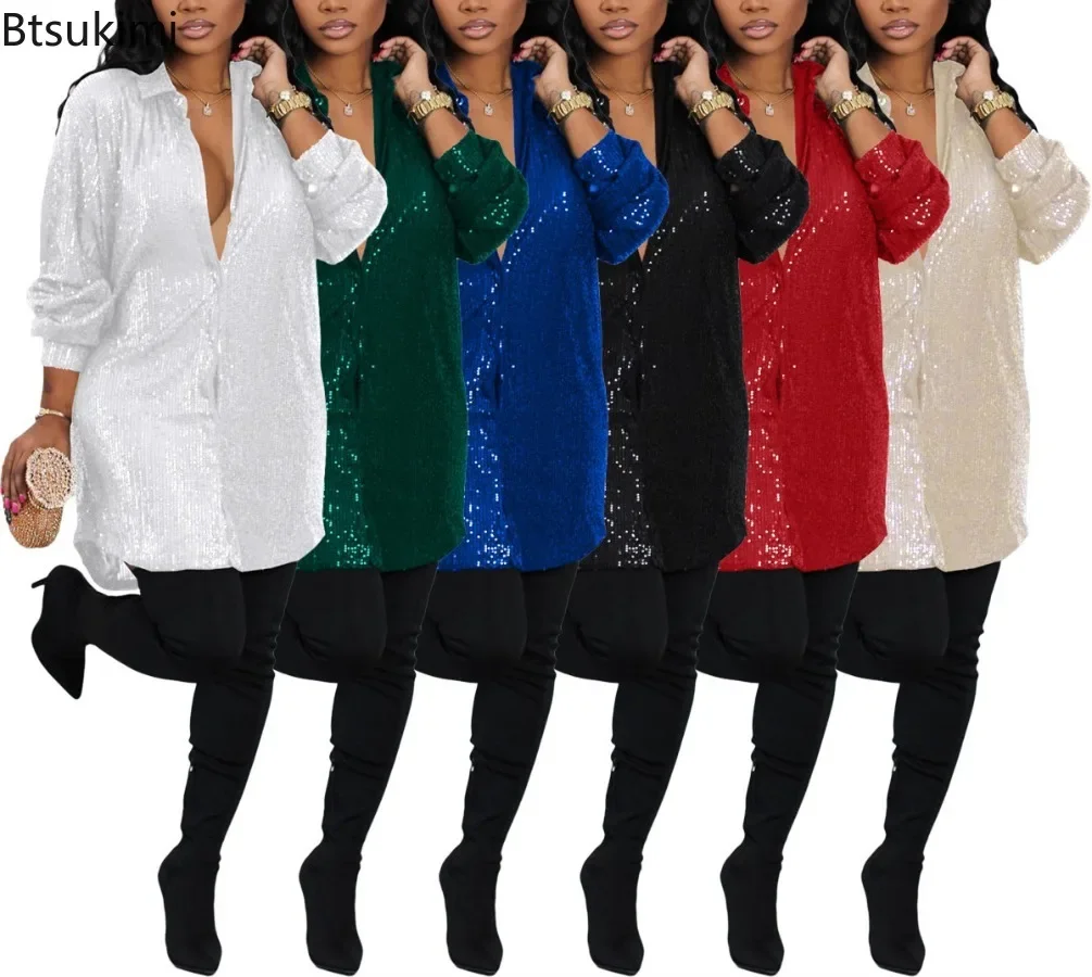 2025 Women's Sexy Shiny Sequin Shirt Dress Solid Loose Casual Lapel Collar Button Cardigan Tops Women Party Mini Dresses Blouses
2025 Women's Sexy Shiny Sequin Shirt Dress Solid Loose Casual Lapel Collar Button Cardigan Tops Women Party Mini Dresses Blouses
