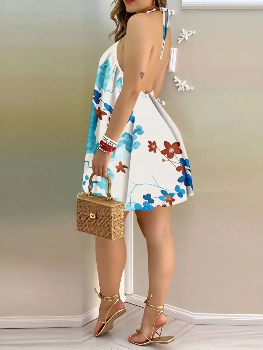 Floral Print Halter Neck Backless Mini Dress Women Summer Beach Boho Sundress With Rattan Bag
Floral Print Halter Neck Backless Mini Dress Women Summer Beach Boho Sundress With Rattan Bag