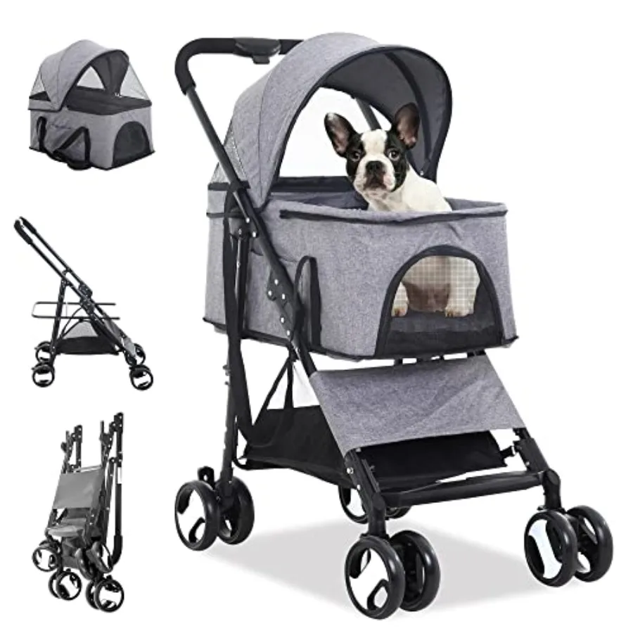 Dog stroller for travel, polyester fabric, grey, 3-in-1 folding design with one-button switch, safety belt, detachable carrier,
Dog stroller for travel, polyester fabric, grey, 3-in-1 folding design with one-button switch, safety belt, detachable carrier,