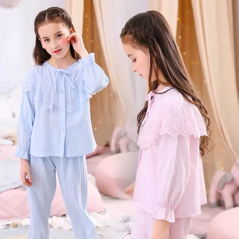 Cotton Linen Breathable Girls' Pajamas Two Piece Suit Long Sleeve Trousers Pajamas Spring Autumn Children's Round Neck Nightgown
Cotton Linen Breathable Girls' Pajamas Two Piece Suit Long Sleeve Trousers Pajamas Spring Autumn Children's Round Neck Nightgown