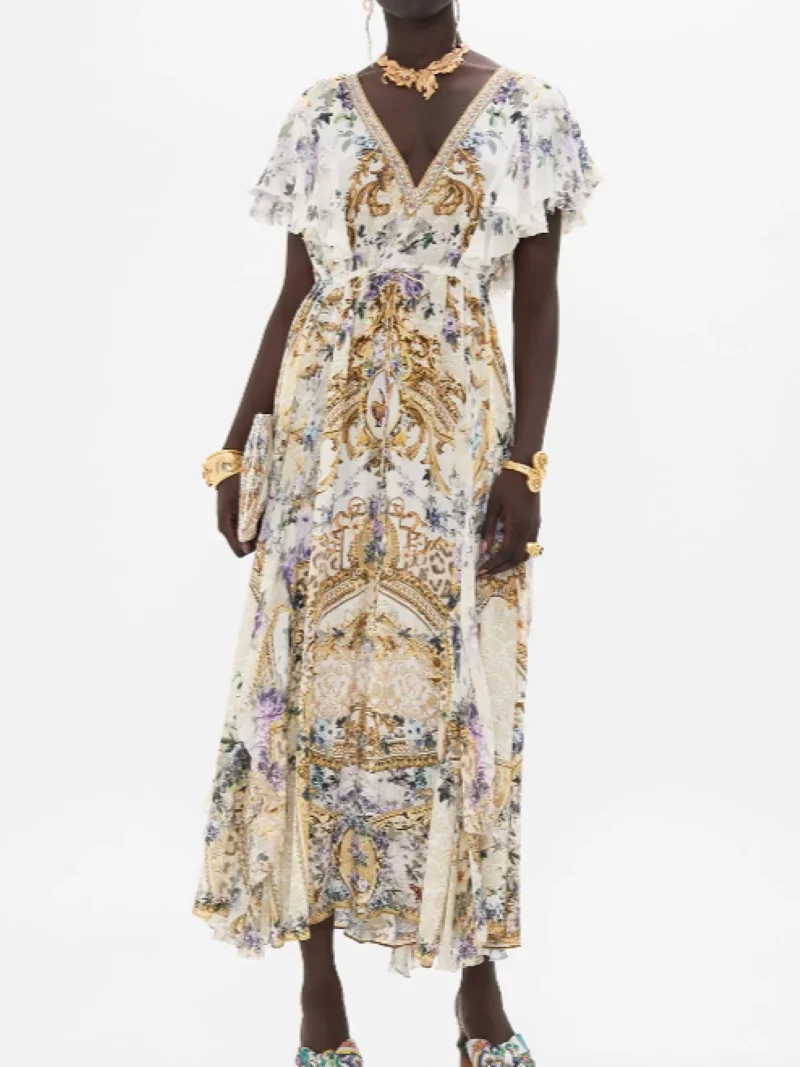 Women Ruffles Spliced Robe Flower Printed V-Neck Short Sleeve Multi-Layer Elegant 100% Silk Maxi Dress
Women Ruffles Spliced Robe Flower Printed V-Neck Short Sleeve Multi-Layer Elegant 100% Silk Maxi Dress