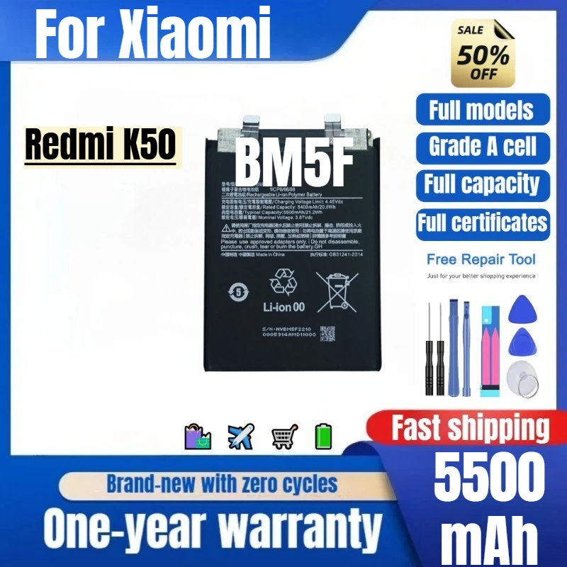 BM5F for Xiaomi Redmi K50 Phone Battery 0 Cycle High Quality High Capacity Battery Replacement Bateria Grade A Cell with Tools
BM5F for Xiaomi Redmi K50 Phone Battery 0 Cycle High Quality High Capacity Battery Replacement Bateria Grade A Cell with Tools