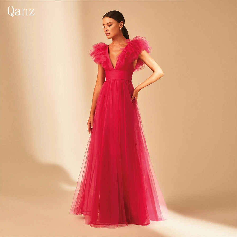 Qanz Simple Prom Dresses Deep V Neck Long A Line Tulle Floor Length Ruffles Backless Party Dresses Woman Vestido Elegante Mujere
Qanz Simple Prom Dresses Deep V Neck Long A Line Tulle Floor Length Ruffles Backless Party Dresses Woman Vestido Elegante Mujere