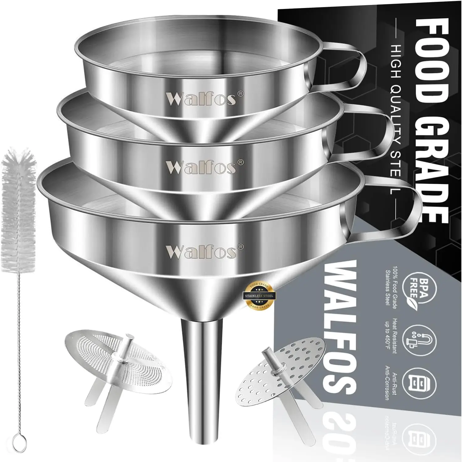 Stainless Steel Funnel Set 3 Pack with 2 Removable Strainers & Cleaning Brush for Transferring Liquids Oils Jam Dry Ingredients
Stainless Steel Funnel Set 3 Pack with 2 Removable Strainers & Cleaning Brush for Transferring Liquids Oils Jam Dry Ingredients
