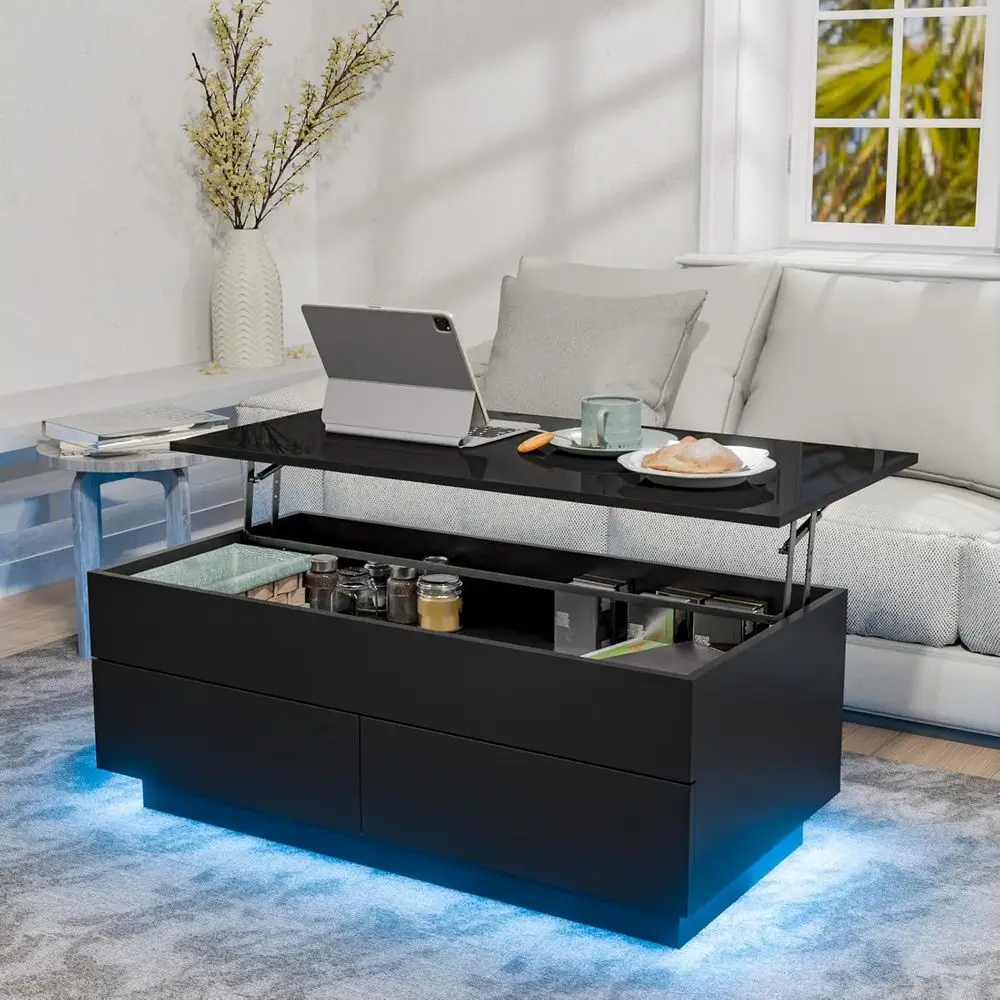 Modern Rectangular LED Coffee Table with Storage, Black Gloss Finish, Flip Top and 2 Drawers
Modern Rectangular LED Coffee Table with Storage, Black Gloss Finish, Flip Top and 2 Drawers