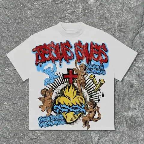 25 New Fashion Vintage Jesus Saves Angel Graphic Print Cotton Men Y2K Summer Short Sleeves Casual Oversize Streetwear Women Tops