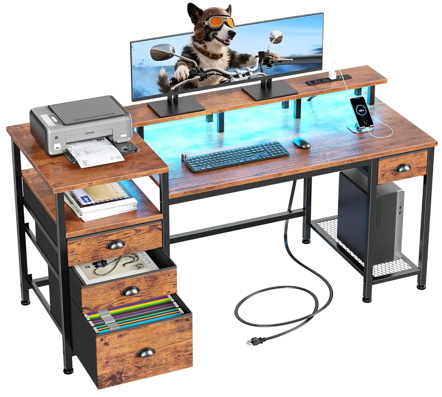 60" Computer Desk with File Cabinet Storage Shelves LED Lights Monitor Stand Power Outlets 4 Drawers Rustic Brown, Customized
60" Computer Desk with File Cabinet Storage Shelves LED Lights Monitor Stand Power Outlets 4 Drawers Rustic Brown, Customized