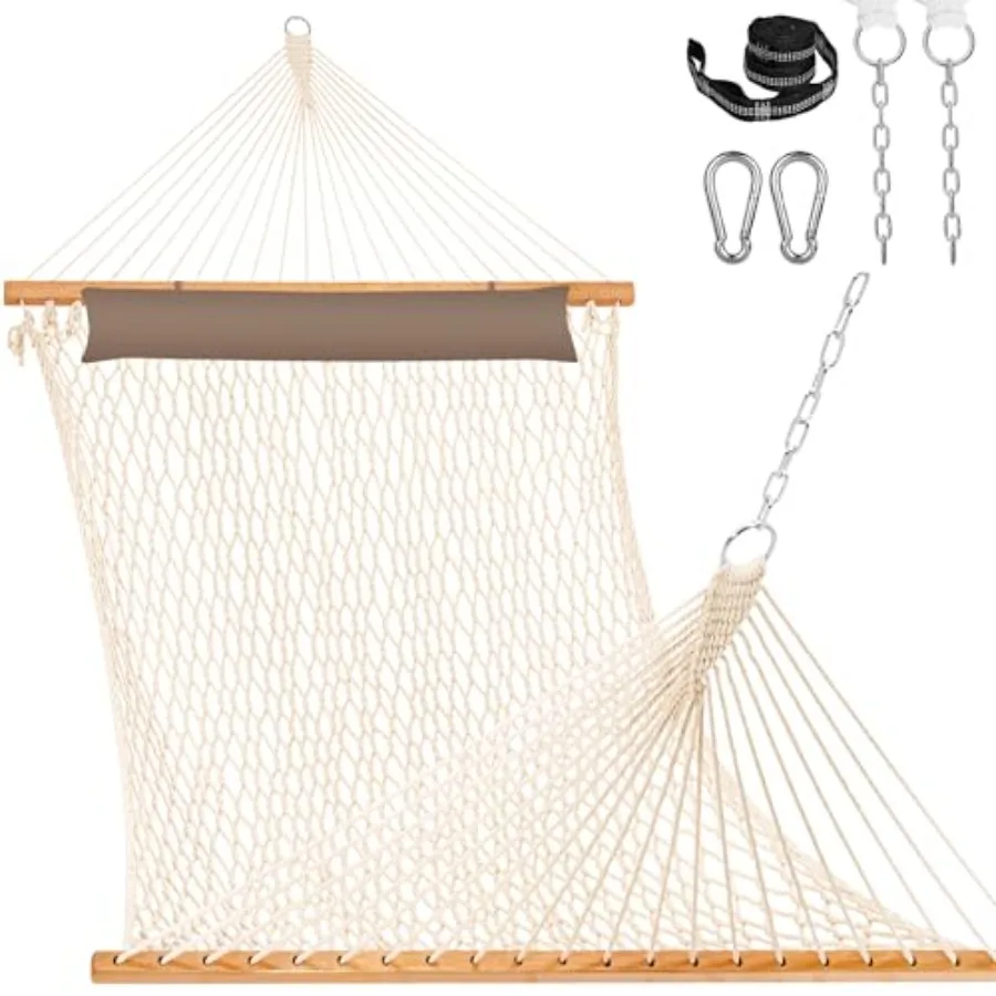 Outdoor 2-person cotton hammock with pillow and spreader bar, beige, hand-woven for patio/poolside use, fits 13-15 ft stand, 14
Outdoor 2-person cotton hammock with pillow and spreader bar, beige, hand-woven for patio/poolside use, fits 13-15 ft stand, 14