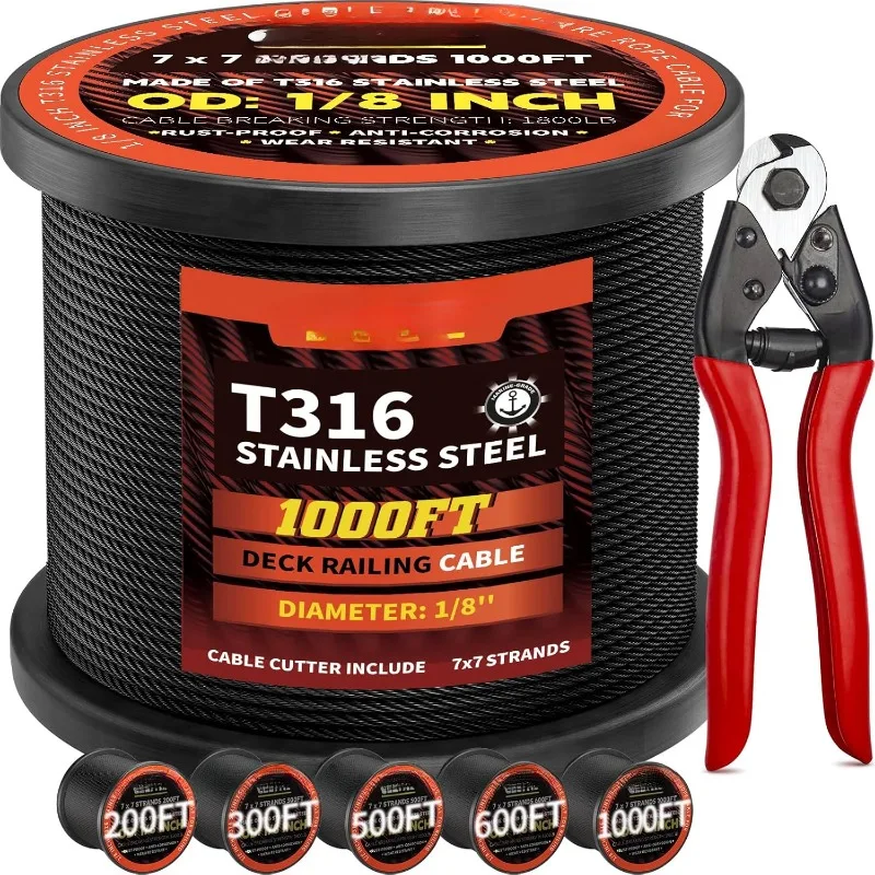 Black Stainless Steel Cable for Railing - 1000FT 1/8" T316 Wire Rope for Deck Cable Railing System Kit
Black Stainless Steel Cable for Railing - 1000FT 1/8" T316 Wire Rope for Deck Cable Railing System Kit