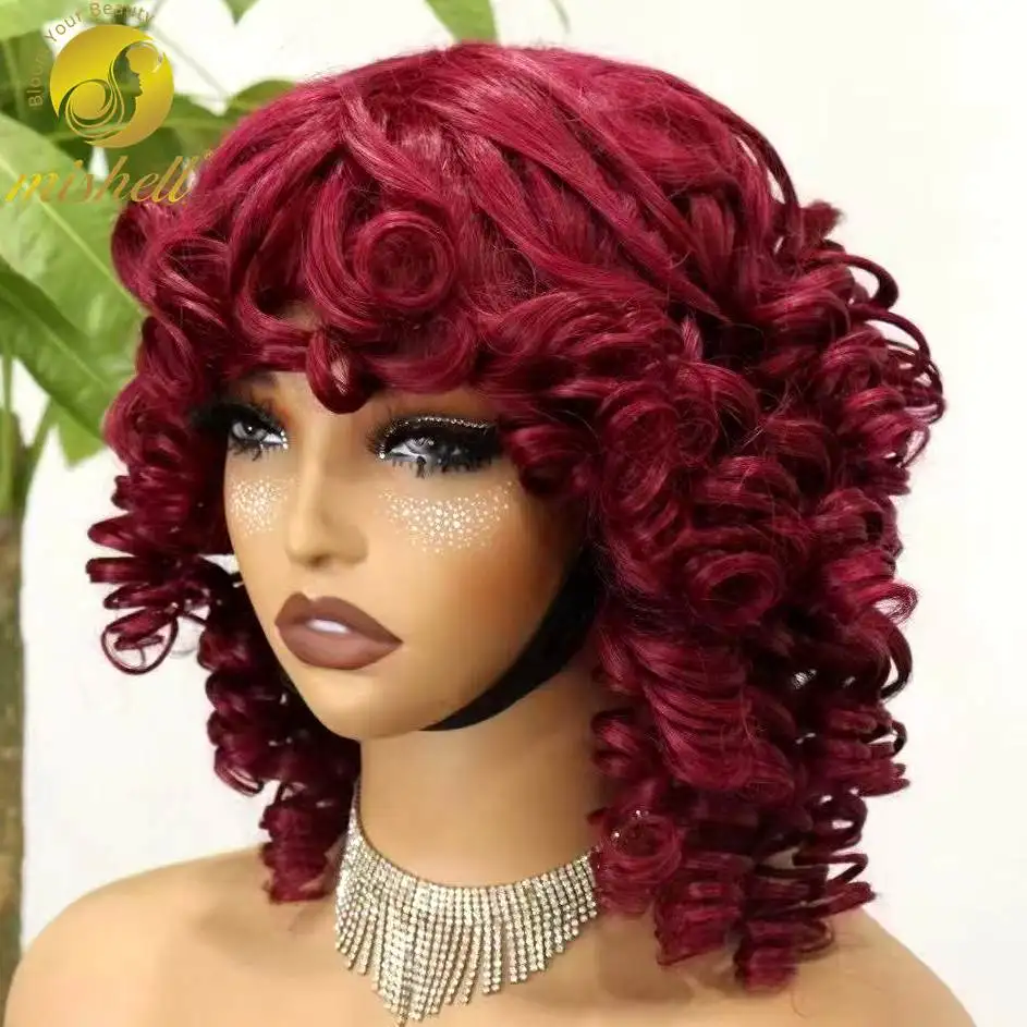 250% Density Burgundy 99J# Bouncy Curly Human Hair Wigs with Bangs Full Machine Made Colored Loose Curly Bob Wigs for Women
250% Density Burgundy 99J# Bouncy Curly Human Hair Wigs with Bangs Full Machine Made Colored Loose Curly Bob Wigs for Women