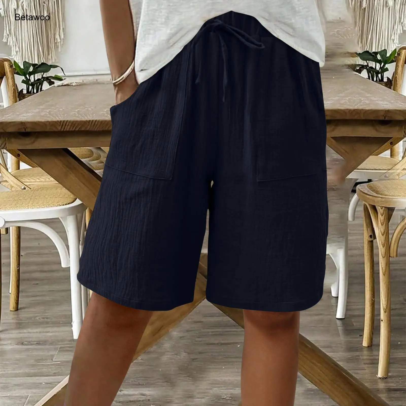 Womens Navy Textured Drawstring High Waisted Wide Leg Shorts with Pockets
Womens Navy Textured Drawstring High Waisted Wide Leg Shorts with Pockets