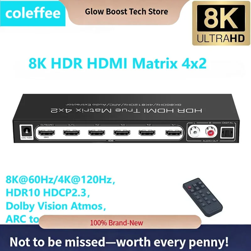 Glow 8K-compatible 2.1 Switcher 4 In 2 Out to SPDIF 2CH Audio Extractor 4K@120Hz ALLM VRR Atm
Glow 8K-compatible 2.1 Switcher 4 In 2 Out to SPDIF 2CH Audio Extractor 4K@120Hz ALLM VRR Atm