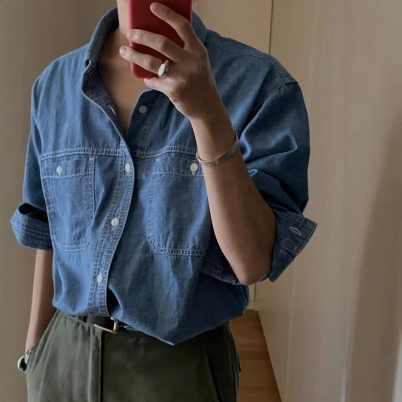 Waed Blue Cotton Denim irt Casual Versatile Thin Original Design Women's Faion Spring Season Long Sve Button Closure
Waed Blue Cotton Denim irt Casual Versatile Thin Original Design Women's Faion Spring Season Long Sve Button Closure