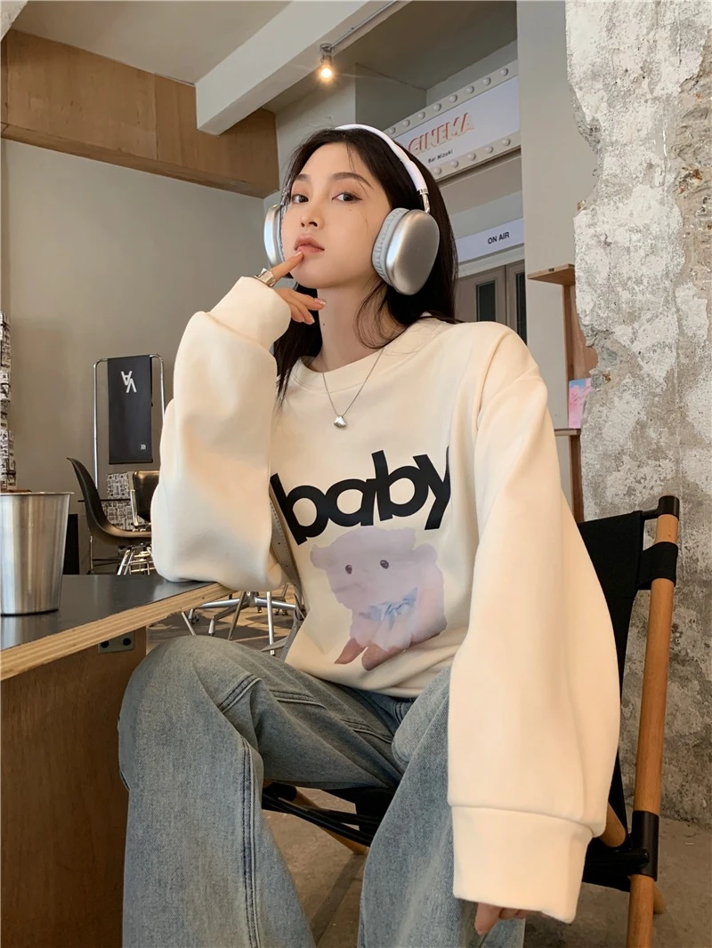 Slim Fit round Neck Fleece Lined Thickened Spring Autumn Women's Hoodless Sweatshirt Comfortable Korean Style Long Sleeve Top
Slim Fit round Neck Fleece Lined Thickened Spring Autumn Women's Hoodless Sweatshirt Comfortable Korean Style Long Sleeve Top
