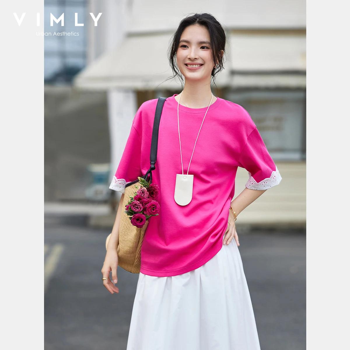 VIMLY розово-красная футболка с короткими рукавами, женская футболка с кружевными манжетами, лето 2022, новые повседневные женские трикотажные футболки с круглым вырезом, сорочки Femmes A2561
VIMLY розово-красная футболка с короткими рукавами, женская футболка с кружевными манжетами, лето 2022, новые повседневные женские трикотажные футболки с круглым вырезом, сорочки Femmes A2561